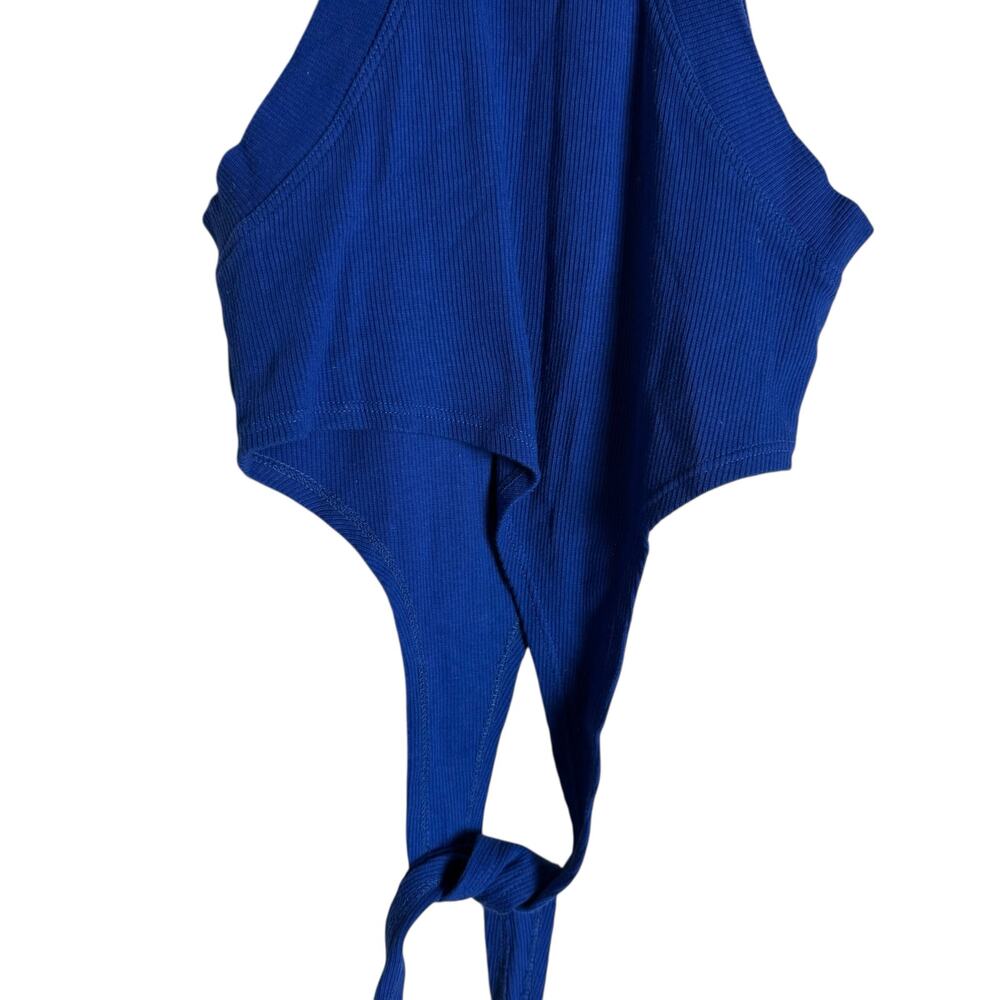 K.ngsley Bright Blue Race Her Ribbed Asymmetrical Cropped Halter Tank Top Small - Picture 6 of 10
